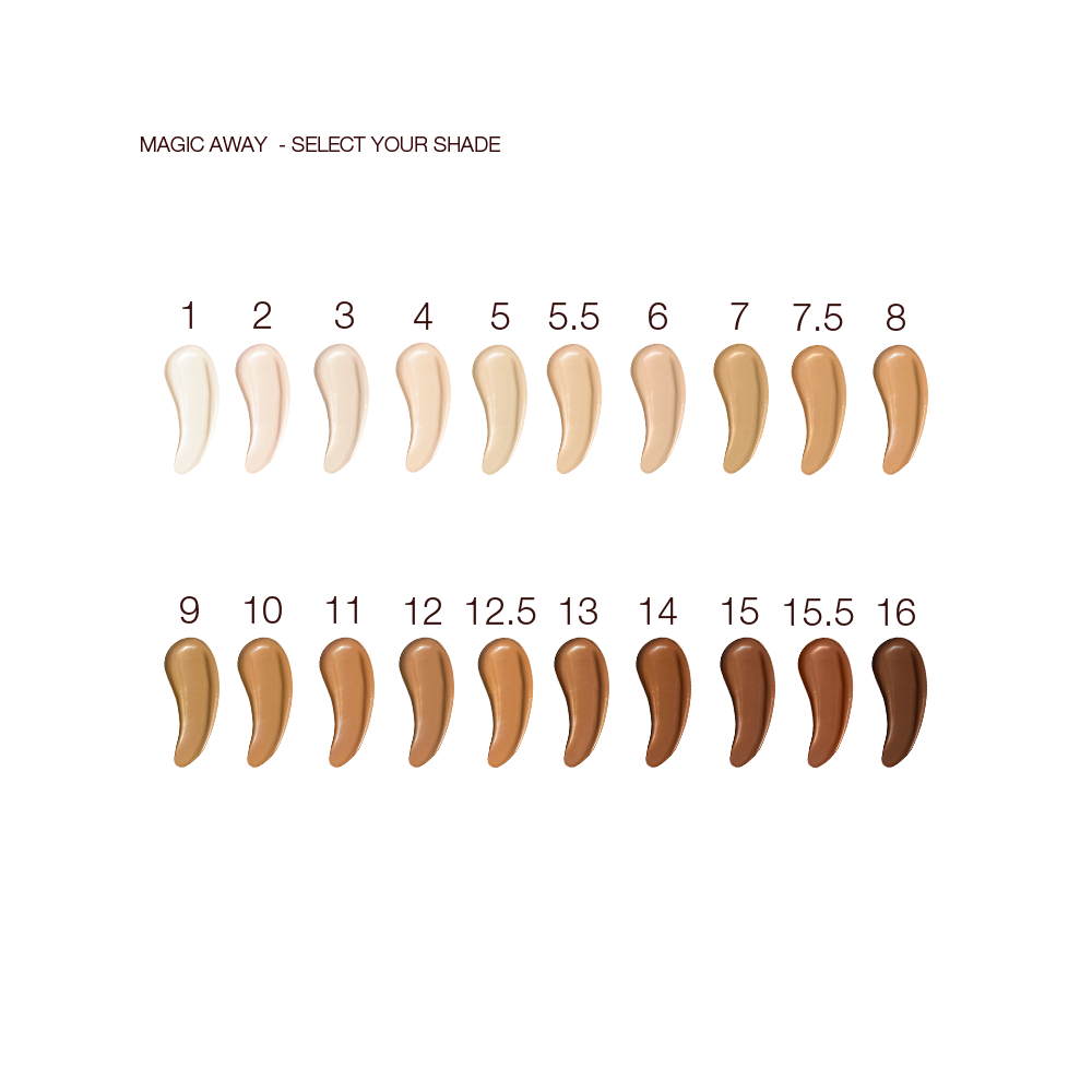 Swatches of twenty, liquid concealers in shades ranging from ivory, beige, and peach to light, medium, and dark brown for fair, light, medium-light, medium, medium-dark, and deep skin tones. 