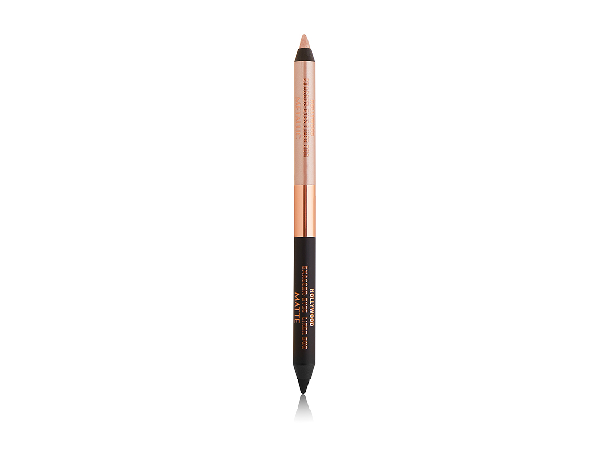 An open, double-sided eyeliner pen in black and soft champagne-beige.