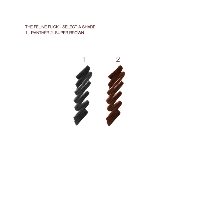 Feline Flick swatches Swatches of two liquid eyeliners in dark brown and black.