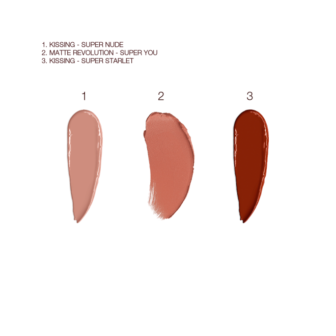 Swatches of three nude lipsticks in cool-beige, nude peach, and nude brown-red colours. 