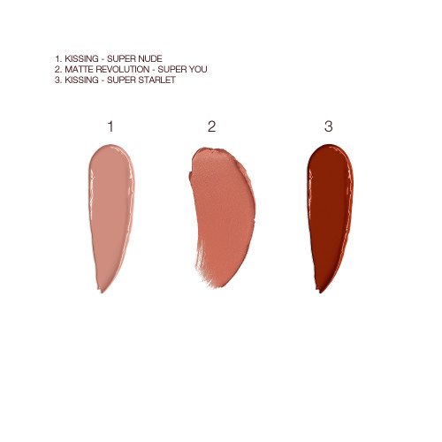 Swatches of three nude lipsticks in cool-beige, nude peach, and nude brown-red colours. 