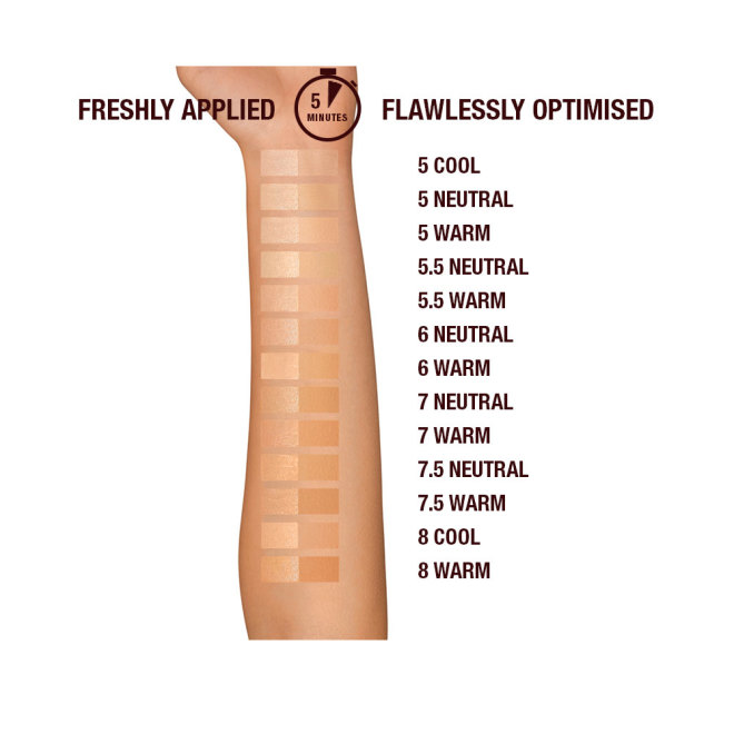 Medium-tone arm with swatches of eleven pressed powders in shades of beige and brown for light-medium to medium-dark skin tones. 