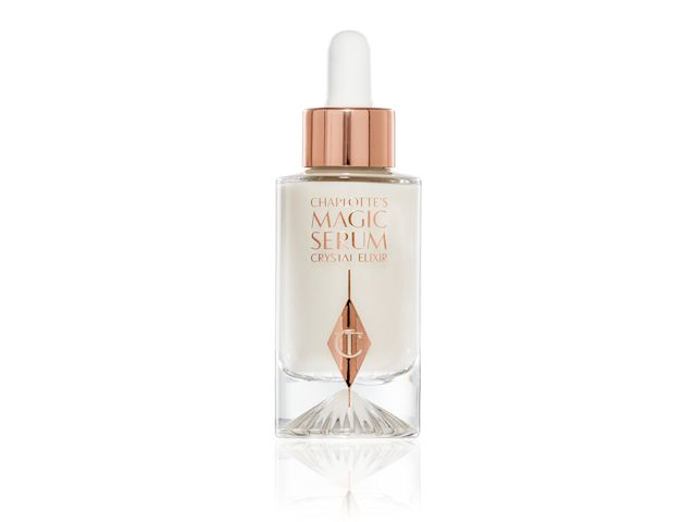 A luminous, ivory-coloured serum in a glass bottle with a gold and white-coloured dropper lid.