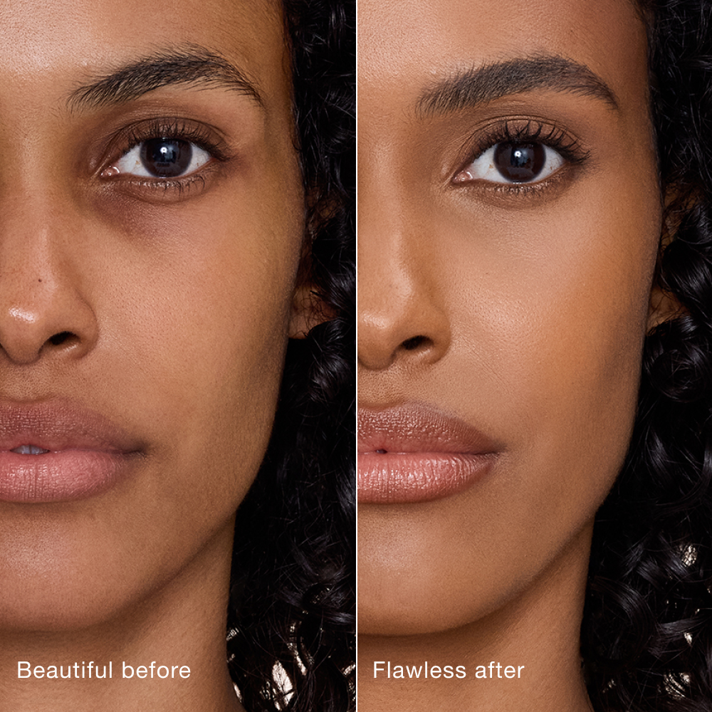 Side-by-side comparison showing skin before and after applying Charlotte Tilbury Airbrush Flawless Concealer, with text labels 'Beautiful before' and 'Flawless after'.
