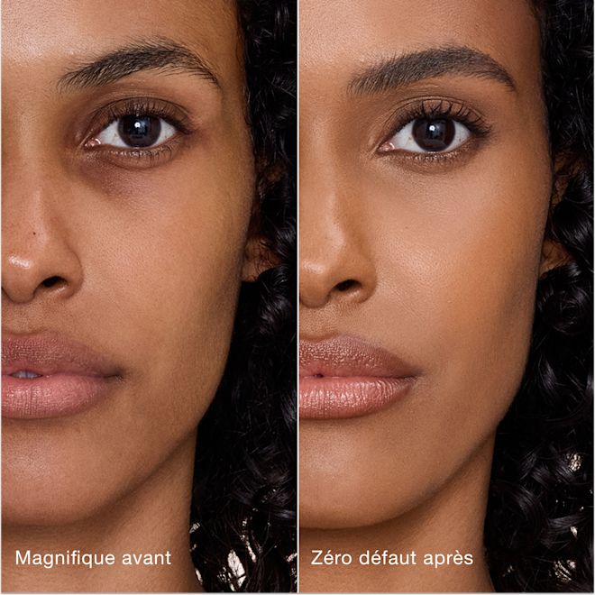 Avant/après Airbrush Flawless Concealer - 11.5 Tan (Médium à Foncé) Comparaison côte à côte de la peau avant et après l'application de l'Airbrush Flawless Concealer de Charlotte Tilbury, avec les étiquettes de texte « Magnifique avant » et « Zéro défaut après ».