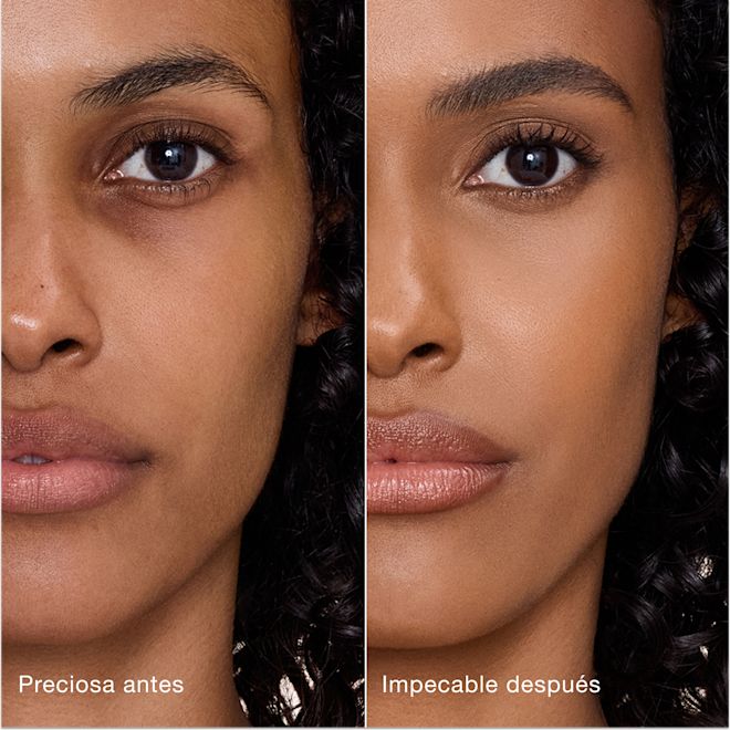 Antes y después de usar Airbrush Flawless Concealer en el tono 11.5 Tan Comparación paralela que muestra la piel antes y después de aplicar el corrector Charlotte Tilbury Airbrush Flawless Concealer con las etiquetas de texto «Preciosa antes» y «Perfecta después».