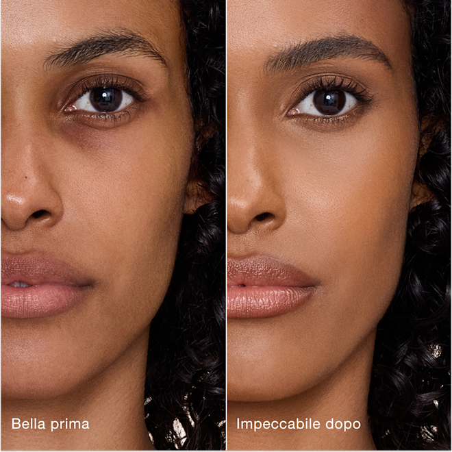 Airbrush Flawless Concealer - 11.5 Tan modella prima e dopo Confronto affiancato che mostra la pelle prima e dopo aver applicato il correttore Airbrush Flawless di Charlotte Tilbury, con le etichette di testo "Bella prima" e "Impeccabile dopo".