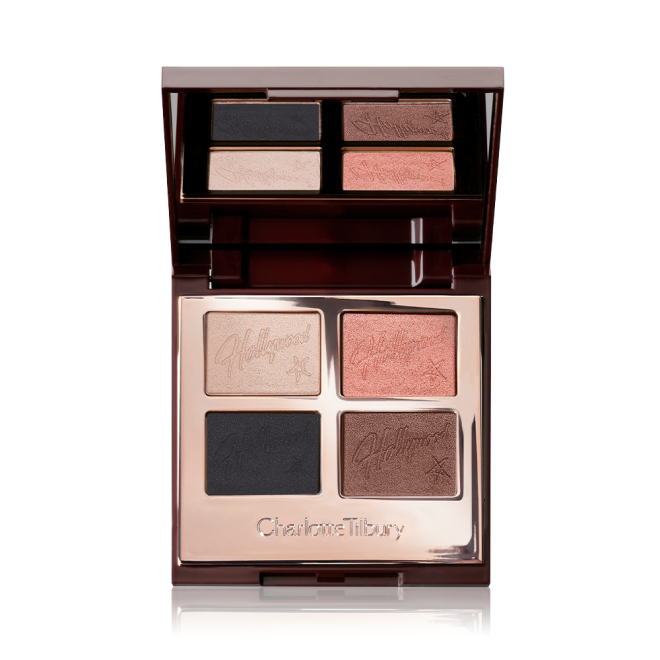 Quad eyeshadow palette with mirrored lid with matte and shimmery eyeshadows in rose gold, chocolate brown, champagne, and black.