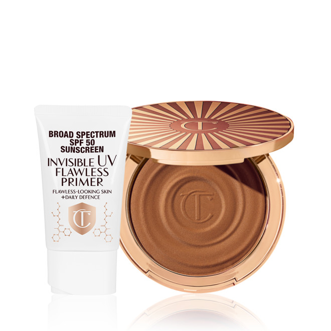 An SPF-infused glowy primer in a white-coloured tube with a white-coloured wand and an open cream bronzer compact in gold packaging. 