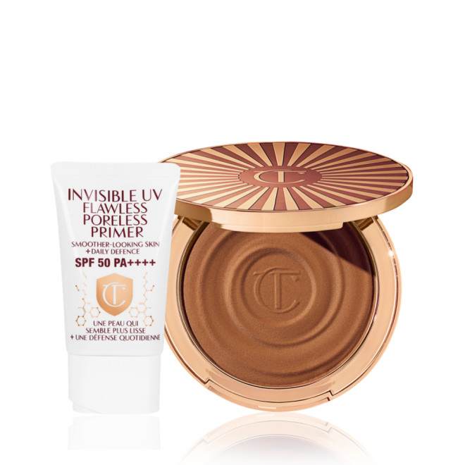 An SPF-infused glowy primer in a white-coloured tube with a white-coloured wand and an open cream bronzer compact in gold packaging. 