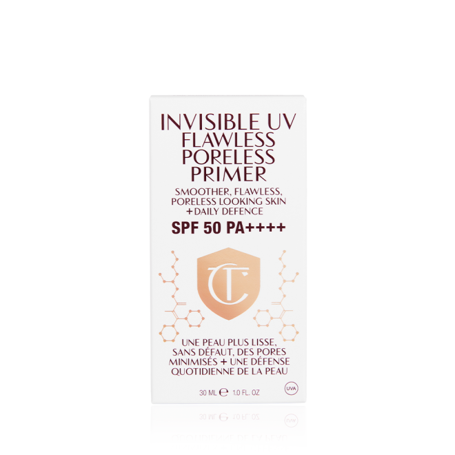 A white-coloured primer packaging box with text on it that reads, 'Invisible UV Flawless Poreless Primer. Smoother, flawless, poreless looking skin + daily defence. SPF 50 PA++++'