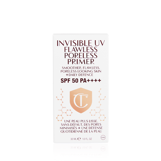 Invisible UV Flawless Poreless Primer box A white-coloured primer packaging box with text on it that reads, 'Invisible UV Flawless Poreless Primer. Smoother, flawless, poreless looking skin + daily defence. SPF 50 PA++++'
