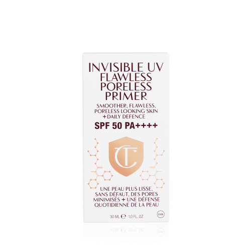 A white-coloured primer packaging box with text on it that reads, 'Invisible UV Flawless Poreless Primer. Smoother, flawless, poreless looking skin + daily defence. SPF 50 PA++++'