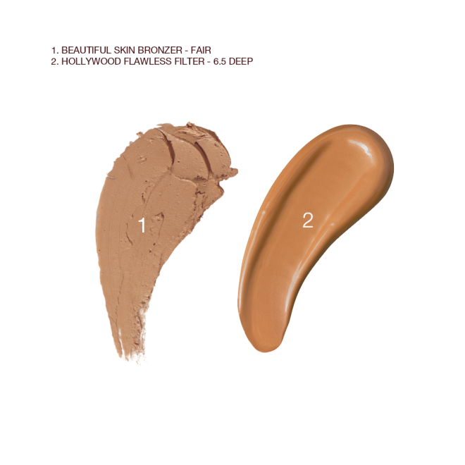 Swatches of a cream bronzer and glowy primer in a dark brown colour.