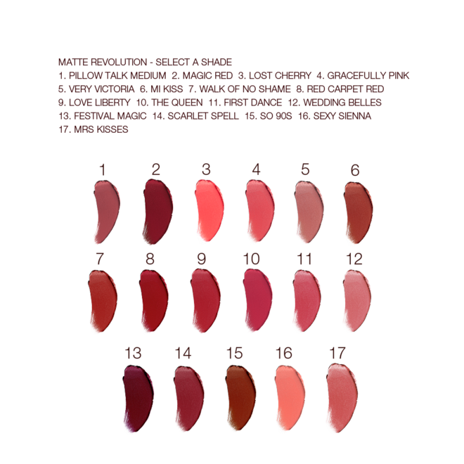 Matte Revolution collection swatches Swatches of seventeen lipsticks with a matte finish in shades of red, brown, peach, orange, pink, and purple.