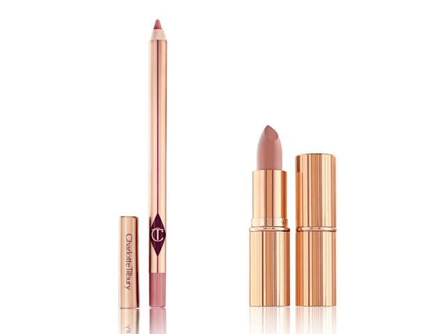 An open lip liner pencil in tea pink shade with two lipsticks, with and without lid, in a nude brown-peach shade. 