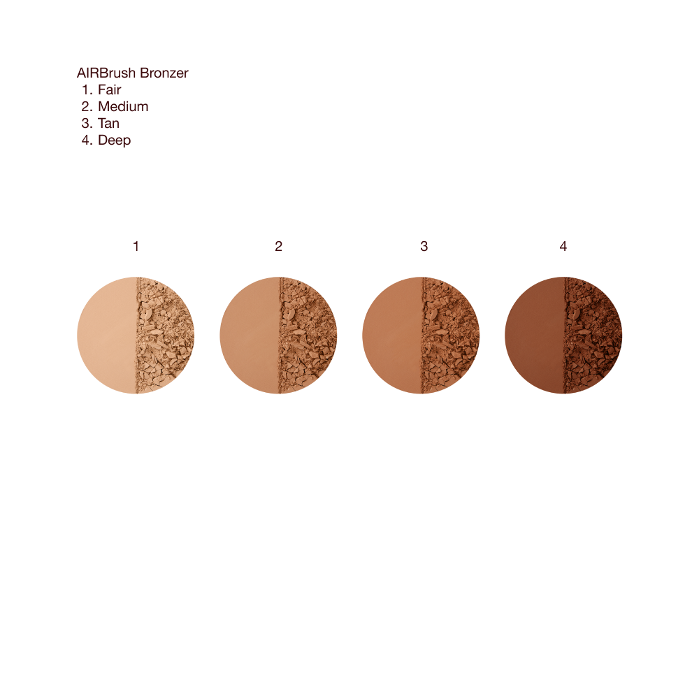 Image showing four AIRBrush Bronzer texture swatches labeled Fair, Medium, Tan, and Deep, each split to display both pressed and powdered forms for comparison across skin tones.