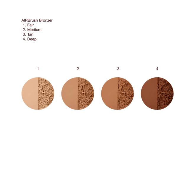 Airbrush Bronzer texture swatches Image showing four AIRBrush Bronzer texture swatches labeled Fair, Medium, Tan, and Deep, each split to display both pressed and powdered forms for comparison across skin tones.