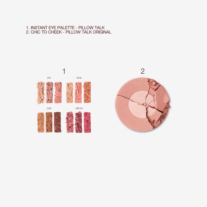 Instant Eye Palette and Cheek to Chic duo in Pillow Talk swatches Swatches of twelve matte and shimmery eyeshadows in pink, brown, peach, and golden shades and a swatch of a two-tone powder blush in pearlescent pink.