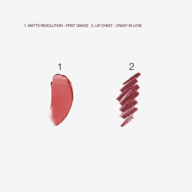 Luscious Lip Slick in First Dance swatches Swatches of a matte lipstick in a warm pink shade and lip liner pencil in purplish-red.