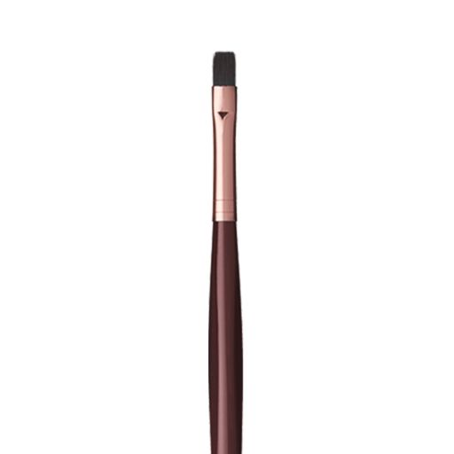 Close-up of a lip brush with a rose-gold and dark crimson handle. 