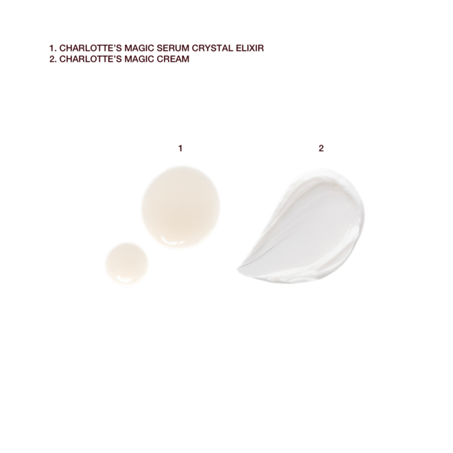 Hyaluronic Magic Skin Set swatches Swatches of a luminous beige-coloured face serum and pearly-white face cream.