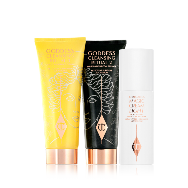 Two facial cleansers, one in lemon-yellow packaging and the other in charcoal-black, with rose-gold coloured lids along with a light face cream in white-coloured packaging.