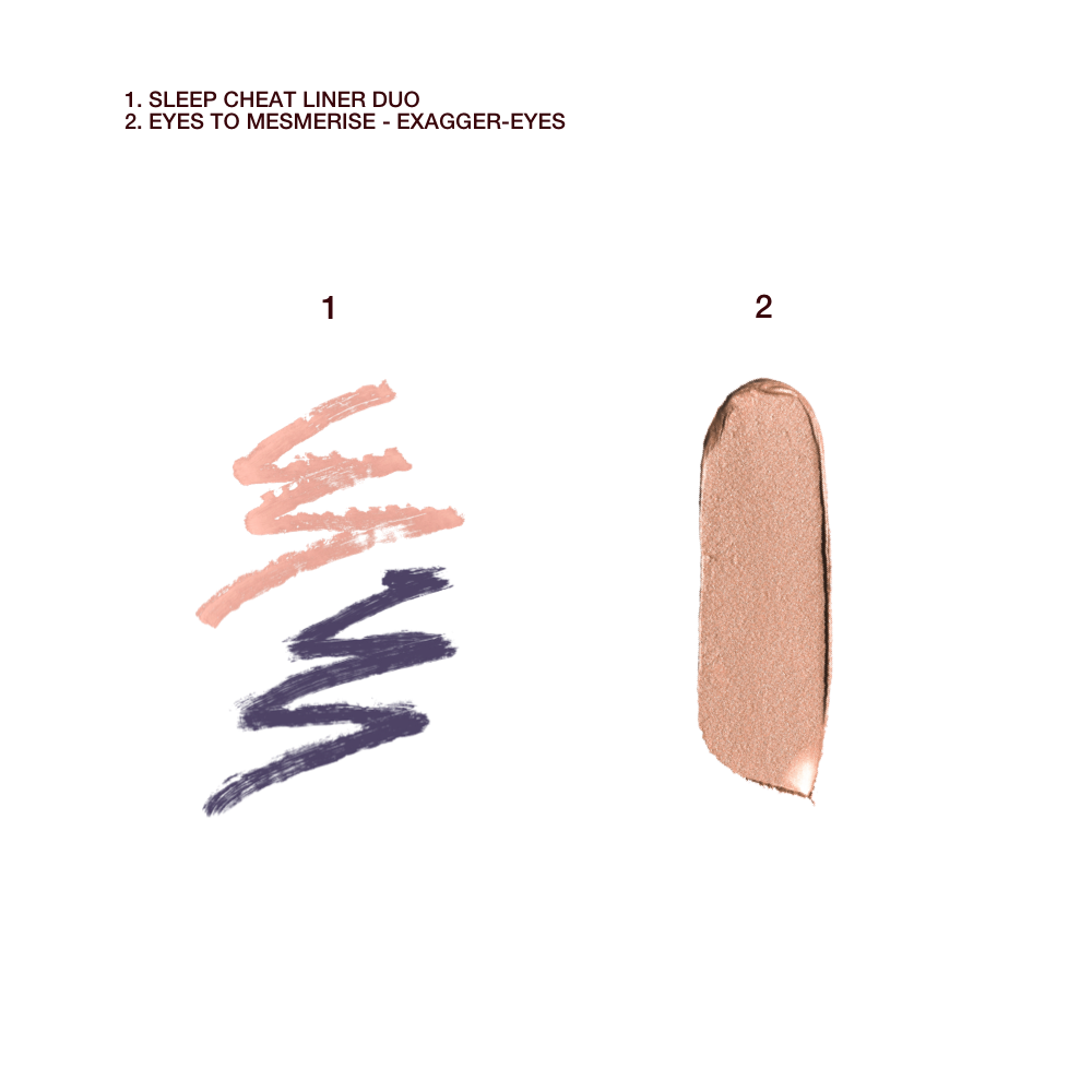 Swatches of a double-sided eyeliner pencil in jet black and nude beige and swatch of a nude cream eyeshadow.