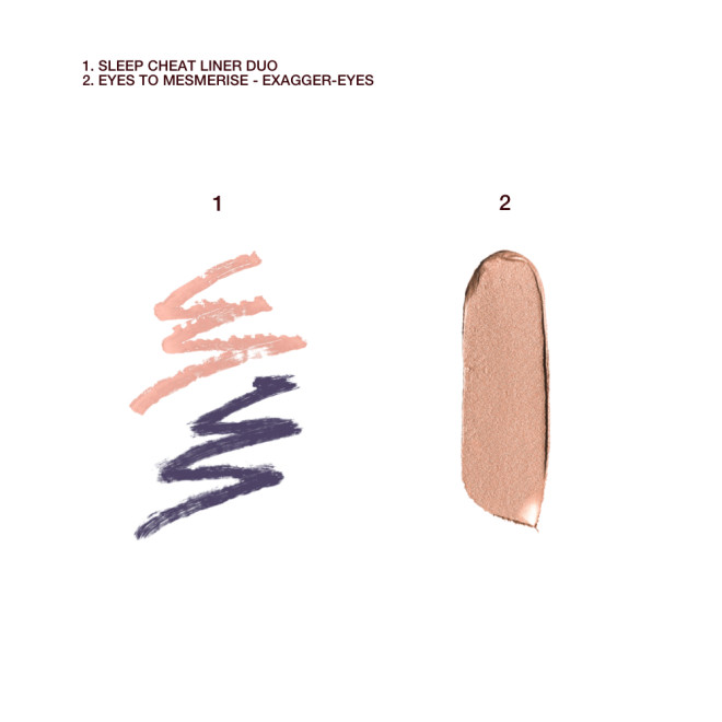 Swatches of a double-sided eyeliner pencil in jet black and nude beige and swatch of a nude cream eyeshadow.