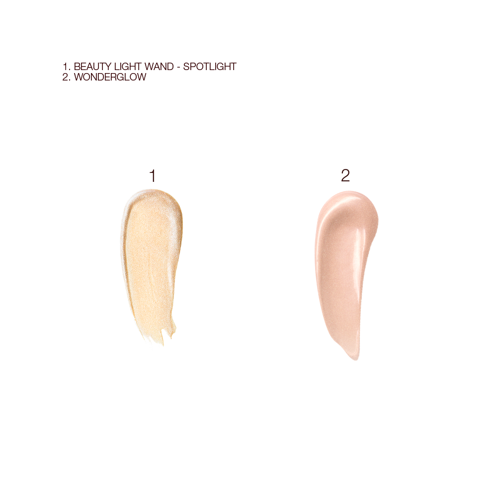 Swatches of a liquid highlighter in a light gold shade and glowy highlighter in a soft pinkish biege shade.