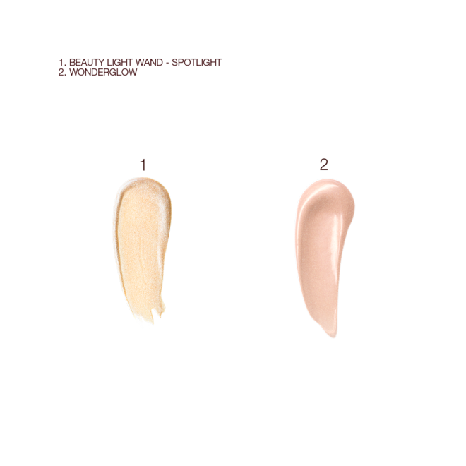 Hollywood Glow Icons swatches Swatches of a liquid highlighter in a light gold shade and glowy highlighter in a soft pinkish biege shade.