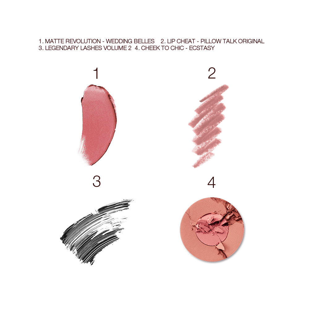 Swatches of a nude pink matte lipstick, a nude-pink lip liner, black mascara, and two-tone powder blush in warm pink. 