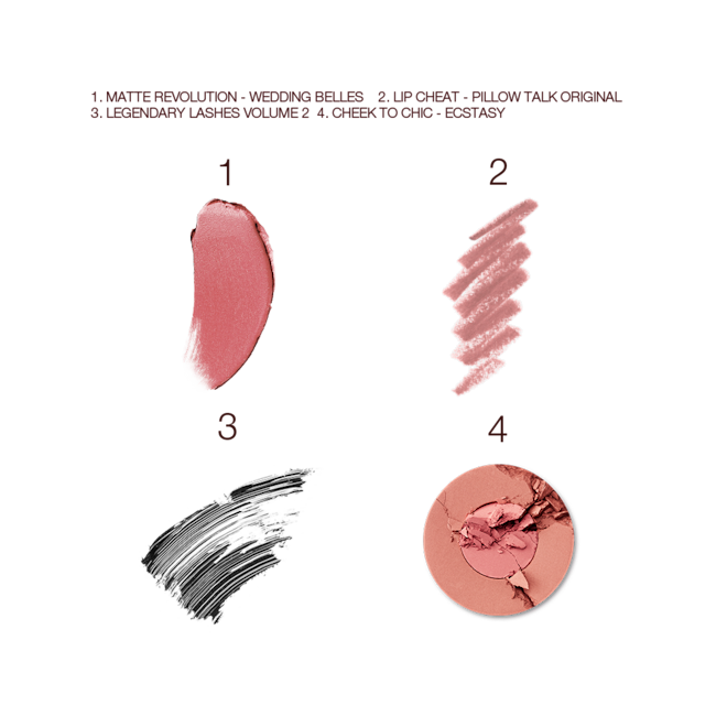 Wedding Belles Bundle swatches Swatches of a nude pink matte lipstick, a nude-pink lip liner, black mascara, and two-tone powder blush in warm pink.