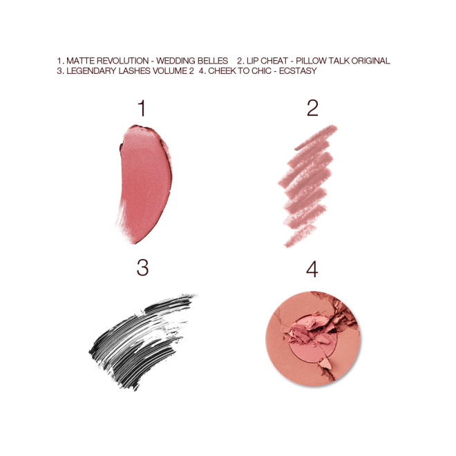 Swatches of a nude pink matte lipstick, a nude-pink lip liner, black mascara, and two-tone powder blush in warm pink. 