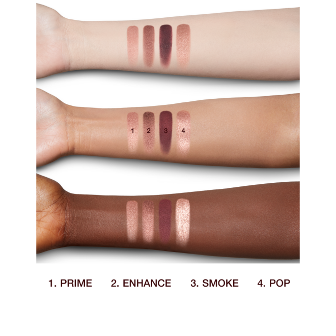 Fair, tan, and deep-tone arms with swatches of four eyeshadows in shades of rose gold and brown. 