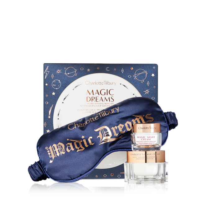 Charlotte Tilbury Magic Dreams Gift Set with a travel sized Magic Night Cream, full size Magic Cream and Eye Mask. 