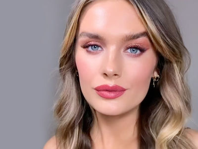 A fair-tone model with blue eyes wearing a shimmery, copper and maroon eye look with a berry-rose lip shade and soft pink blush. 