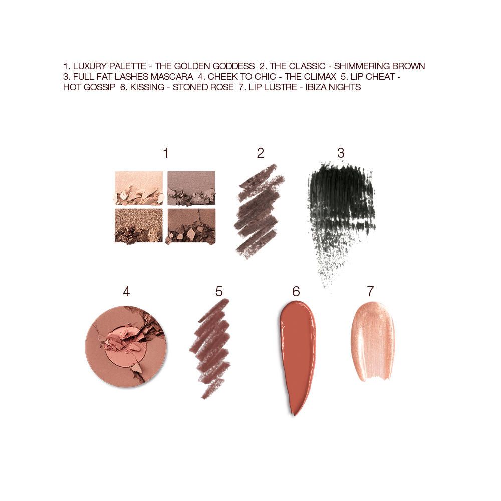 Swatches of a quad eyeshadow palette in shades of brown and gold, brown eyeliner, black mascara, two-tone blush in light brown and warm pink, lip liner in taupe-brown, lipstick in redwood, and lip gloss in sheer golden pink. 