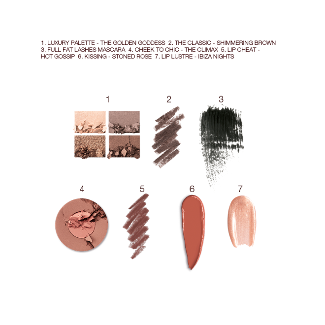 Swatches of a quad eyeshadow palette in shades of brown and gold, brown eyeliner, black mascara, two-tone blush in light brown and warm pink, lip liner in taupe-brown, lipstick in redwood, and lip gloss in sheer golden pink. 