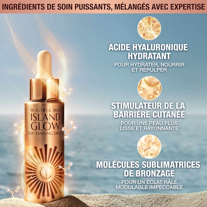 Beautiful Skin Island Glow Tanning Drops - Key Ingredients Expertly blended, supercharged skincare ingredients in tanning drops. Hydrating hyaluronic acid to hydrate, nourish and plump, skin barrier booster for smoother-feeling, radiant-looking skin and tan-enhancing molecules for a seamless, buildable bronzed glow.