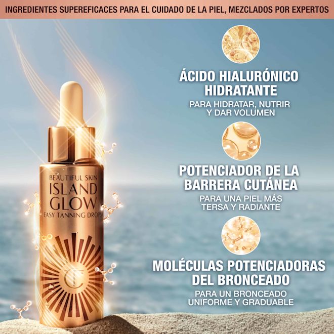 Beautiful Skin Island Glow Tanning Drops - Key Ingredients Expertly blended, supercharged skincare ingredients in tanning drops. Hydrating hyaluronic acid to hydrate, nourish and plump, skin barrier booster for smoother-feeling, radiant-looking skin and tan-enhancing molecules for a seamless, buildable bronzed glow.