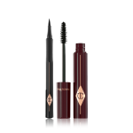 An open mascara with its applicator next to it in dark crimson-cloured packaging and an open eyeliner pen in black colour.