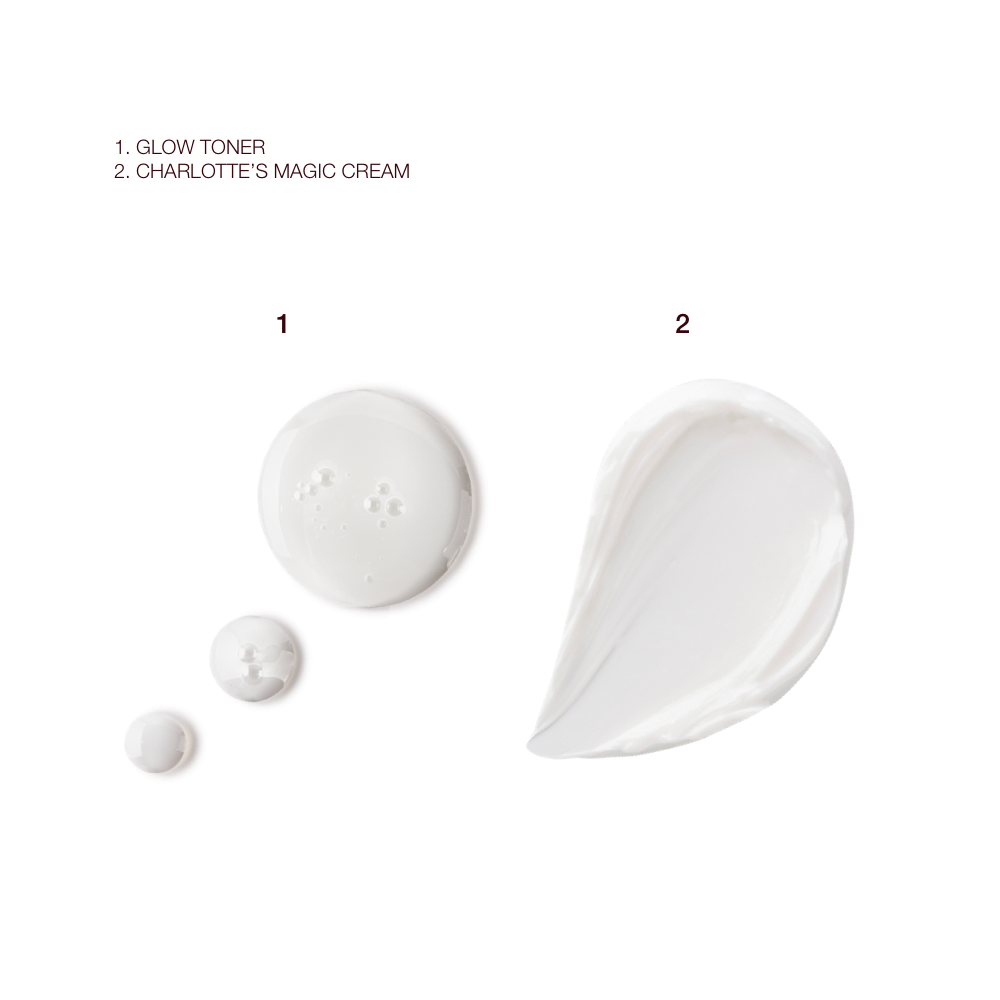 Swatches of a watery, silvery-white toner and a pearly-white face cream.