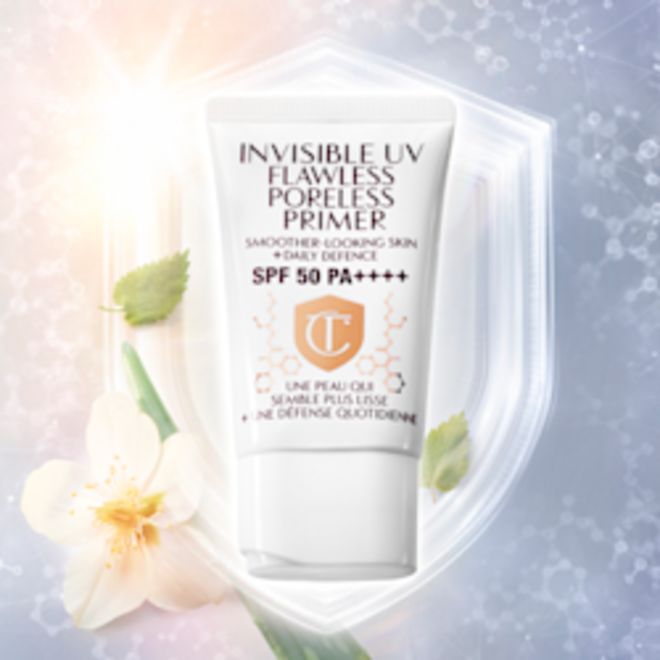 UV Primer-STILL NA (1) Banner with a primer in a white-coloured tube with a white-coloured lid with text on it that reads, 'invisible UV Flawless poreless primer SPF 50 PA++++'.