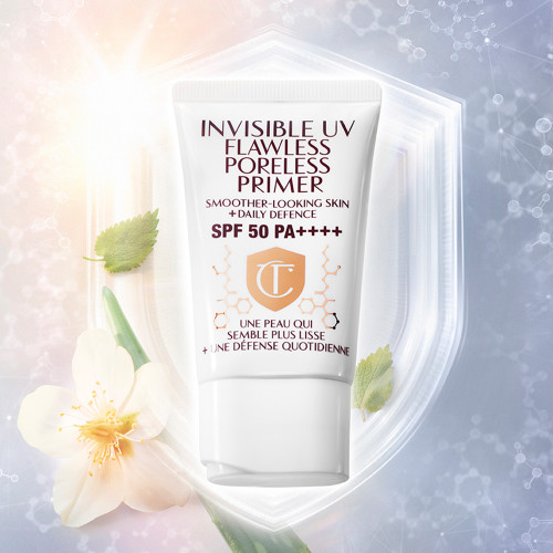 Banner with a primer in a white-coloured tube with a white-coloured lid with text on it that reads, 'invisible UV Flawless poreless primer SPF 50 PA++++'.