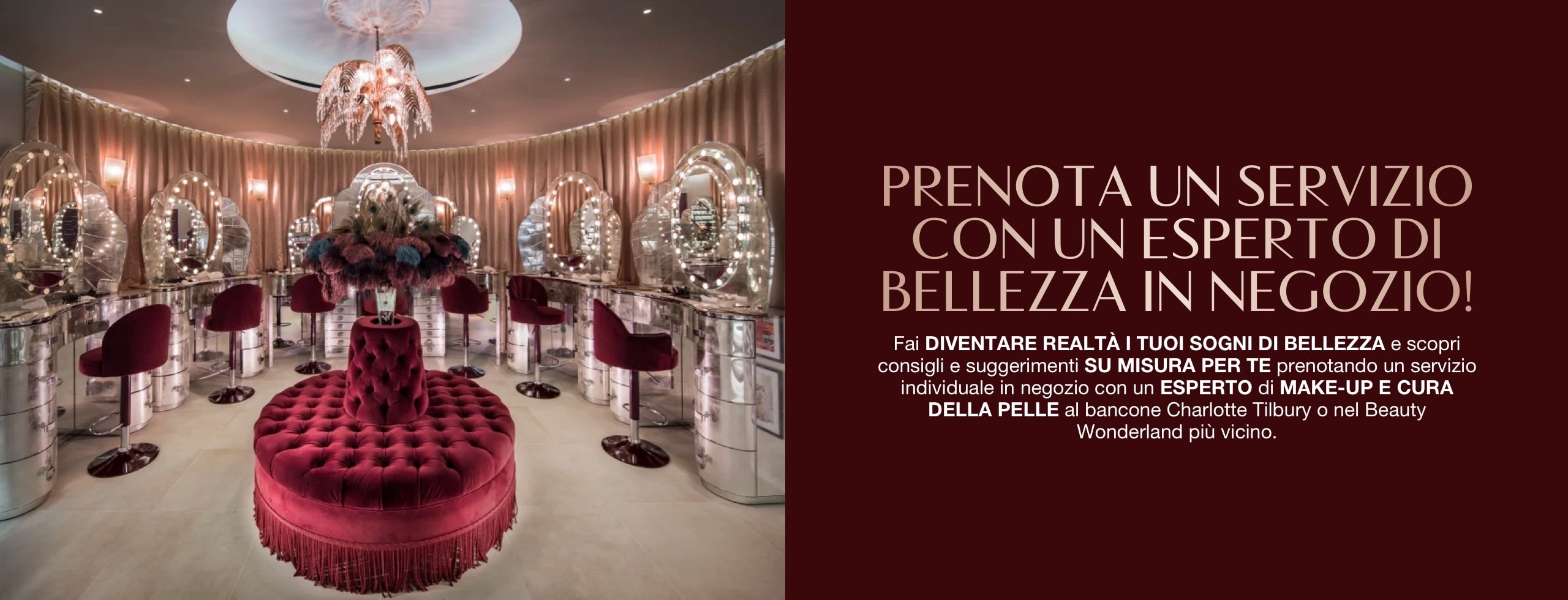 Banner with a fancy makeup studio with vanity mirrors with glowing lights on the walls and comfortable, red velvet makeup chairs, along with text on the banner that reads, 'Book a service with a beauty expert in store!'