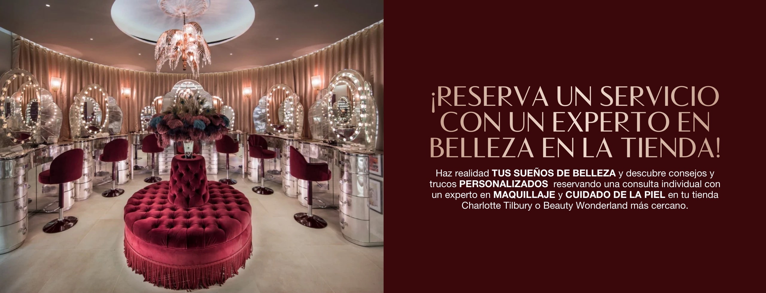 Banner with a fancy makeup studio with vanity mirrors with glowing lights on the walls and comfortable, red velvet makeup chairs, along with text on the banner that reads, 'Book a service with a beauty expert in store!'