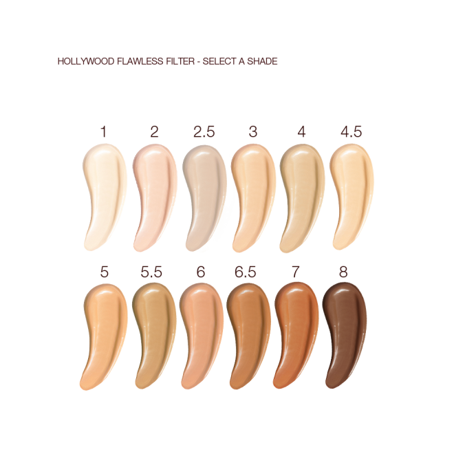 Swatches of six, glowy primers ranging from ivory, peach, and beige to sand, light brown, medium brown, and dark brown for fair, light, medium-light, medium, medium-dark, and deep tones.