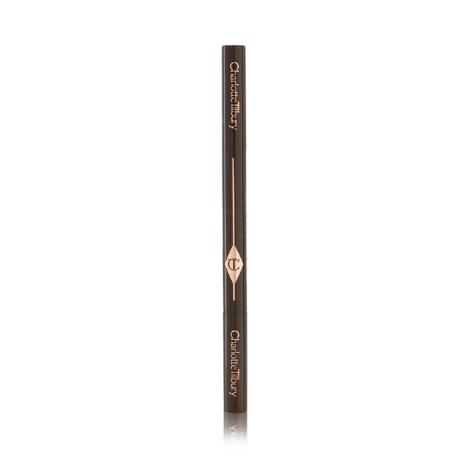 A closed, double-ended eyebrow pencil and spoolie brush duo with black-coloured packaging.