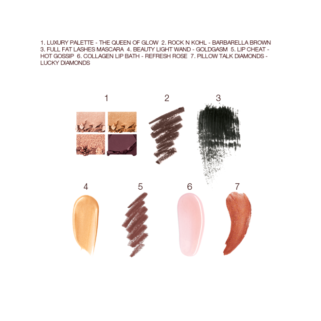 Swatches of a quad eyeshadow palette in shades of brown, pink, and gold, brown eyeliner, black mascara, liquid highlighter in honey-gold, lip liner in taupe-brown, lipstick lip balm in sheer pink, and lip gloss in terracotta.  